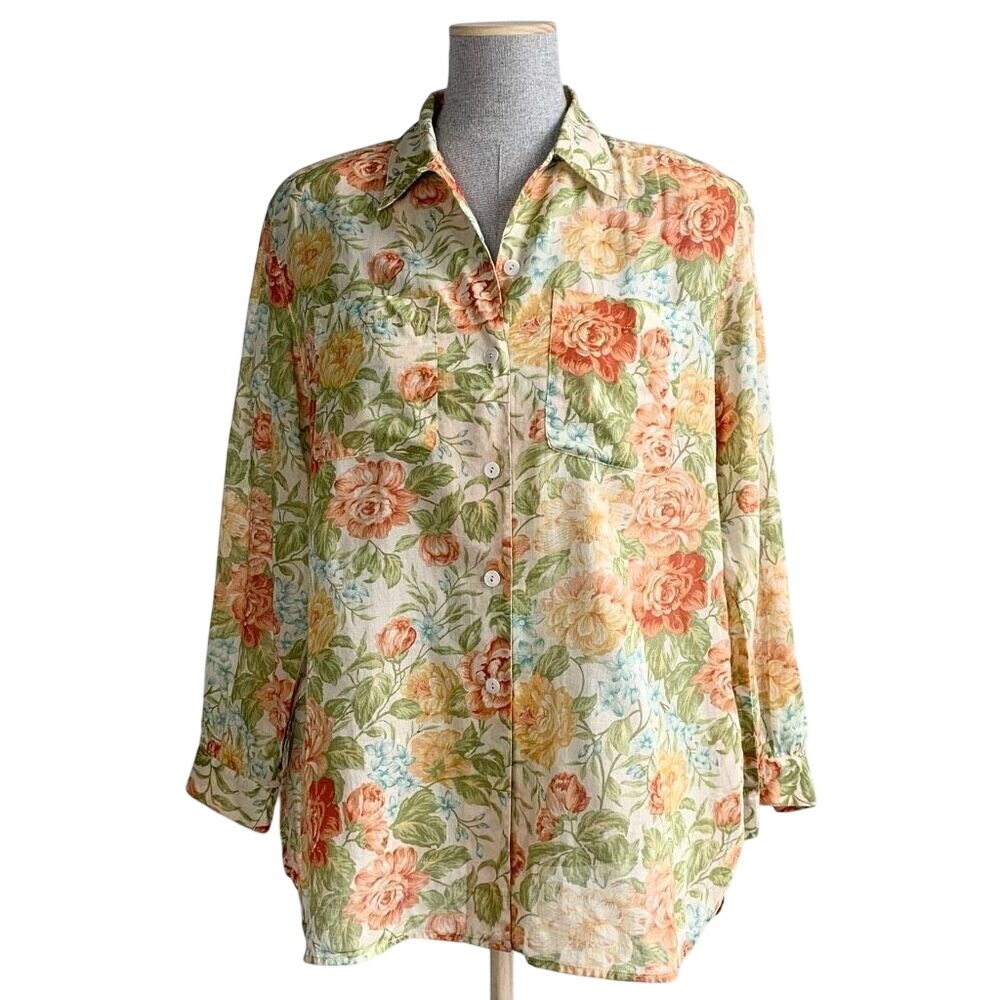 Vtg Lizsport Floral Button Down Long Sleeve Shirt Petite‎ Medium